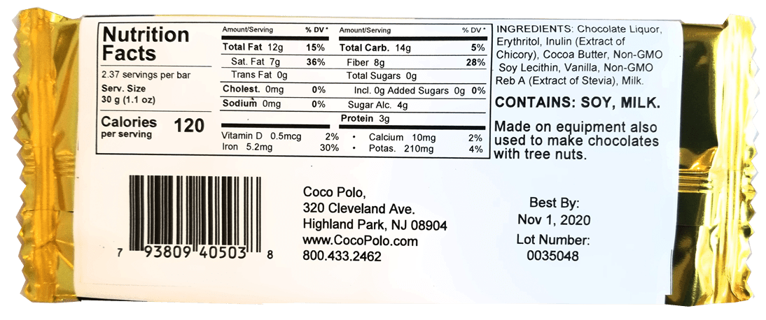 70% Cocoa Dark Chocolate, Stevia Sweetened, Sugar Free, COCOA NIBS