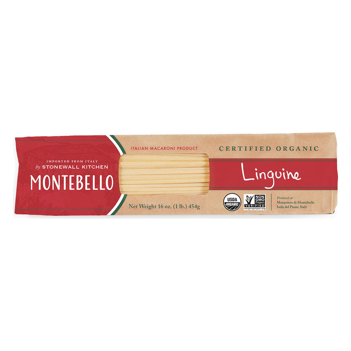 Montebello Organic Linguine 16 oz package, current red and kraft paper design with a window showing the pasta, USDA Organic and Non-GMO Project Verified marks