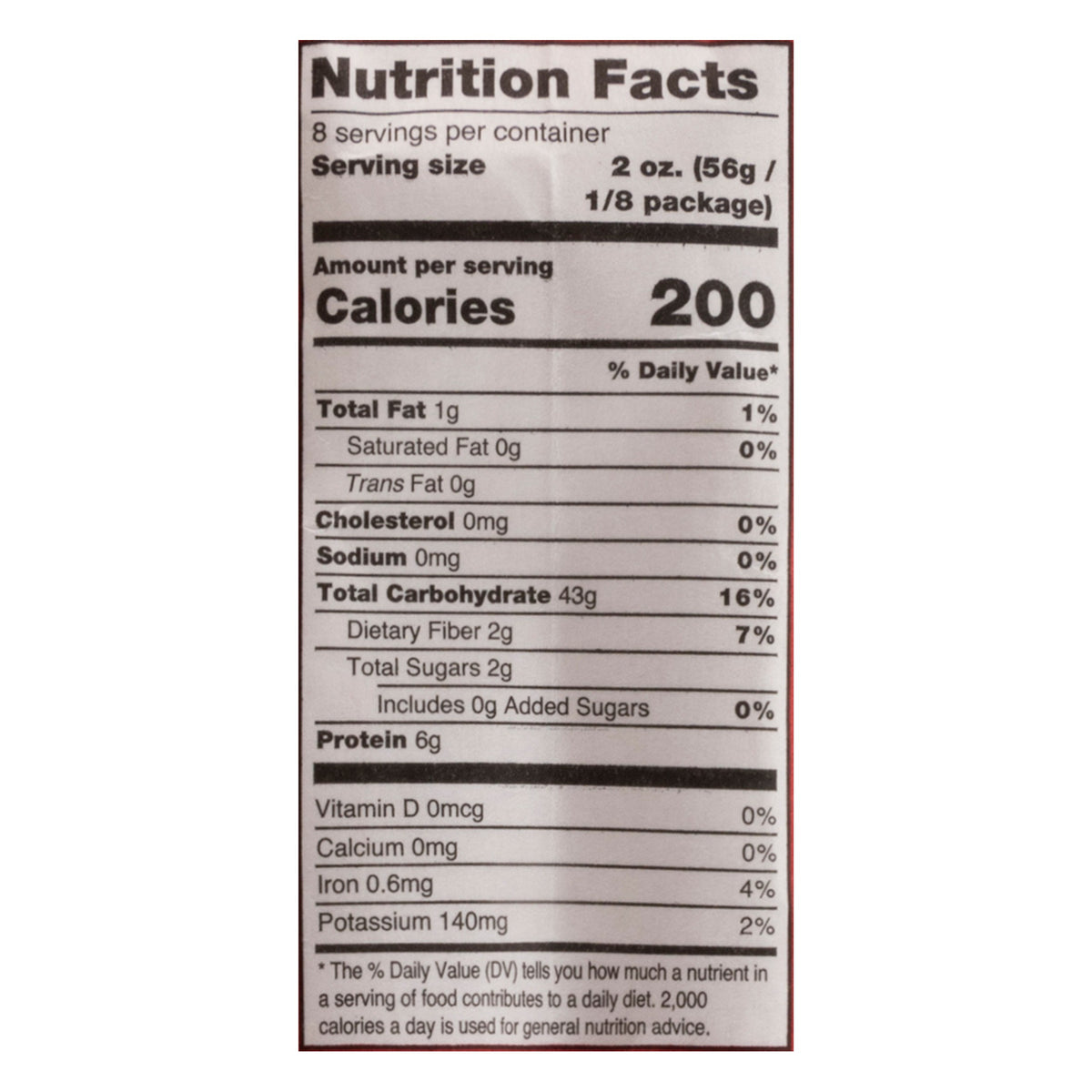 Nutrition Facts panel for Montebello Organic Linguine: 8 servings of 2 oz (56 g), 200 calories, 43 g carbohydrate, 6 g protein per serving