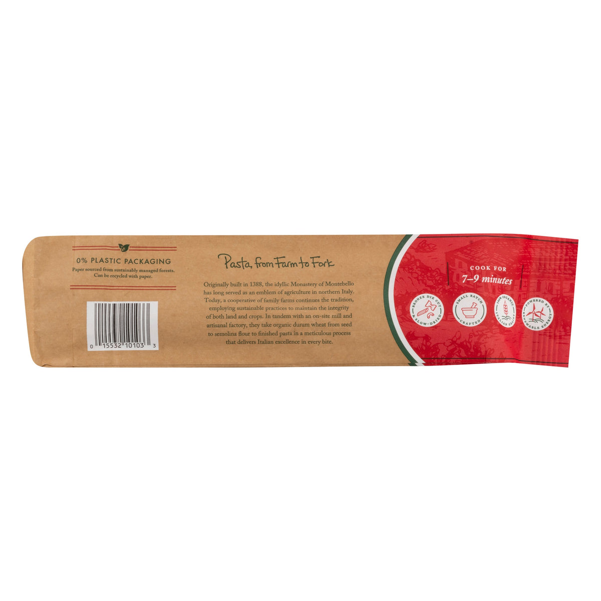 Back of the Montebello Organic Linguine package with barcode 015532101033, the Pasta, from Farm to Fork story and a 7–9 minute cook time