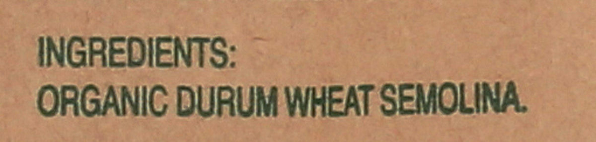 Ingredient statement printed on the Montebello linguine package: organic durum wheat semolina
