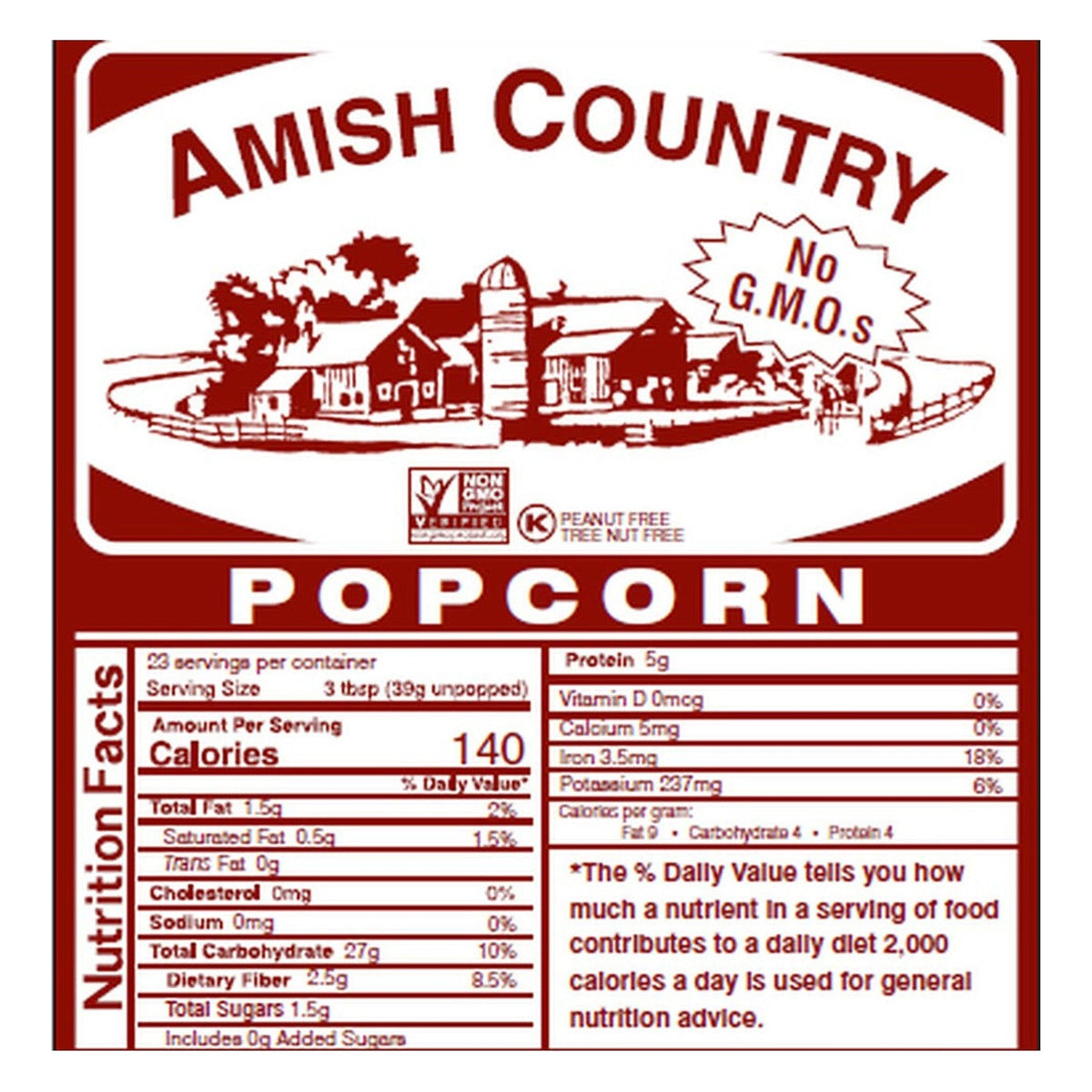 Amish Country Popcorn label panel with nutrition facts (140 calories per 3 tbsp unpopped), Non-GMO Project Verified seal and kosher symbol