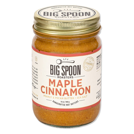 Big Spoon Roasters Maple Cinnamon Peanut & Pecan Butter with Sea Salt, 13 oz glass jar with gold lid, front label