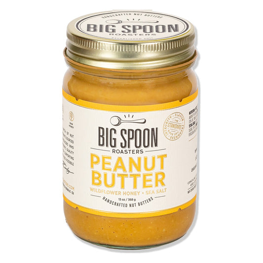 Big Spoon Roasters Peanut Butter with Wildflower Honey and Sea Salt, 13 oz glass jar with gold lid, front label