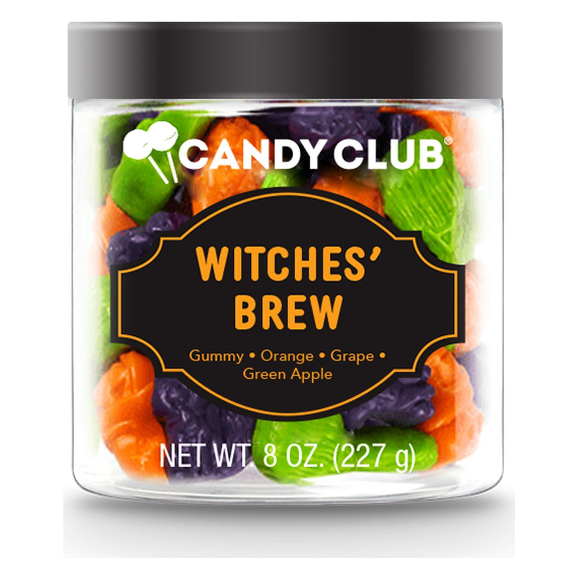 Candy Club Witches' Brew 8 oz clear cup with black lid, filled with green, purple and orange Halloween gummies