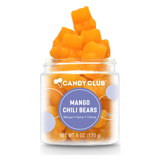 Candy Club Mango Chili Bears open cup with purple label, orange gummy bears piled on top