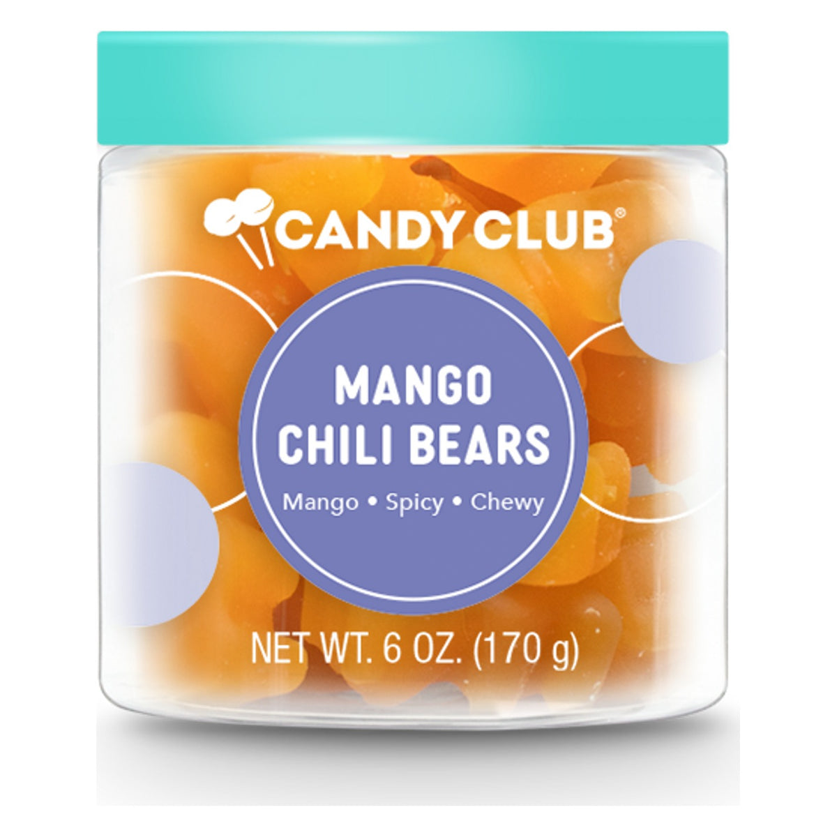 Candy Club Mango Chili Bears cup closed with a teal lid, purple label