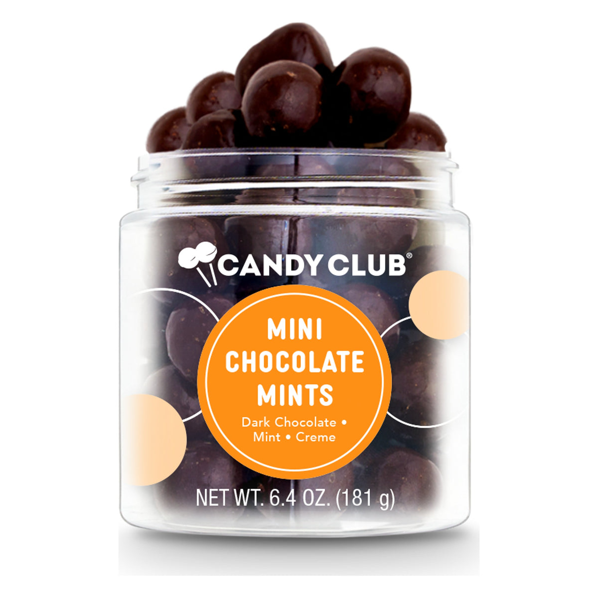 Candy Club Mini Chocolate Mints open cup with orange label, round dark chocolate mints piled on top