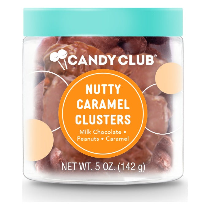 Candy Club Nutty Caramel Clusters 5 oz cup closed with a teal lid, orange label