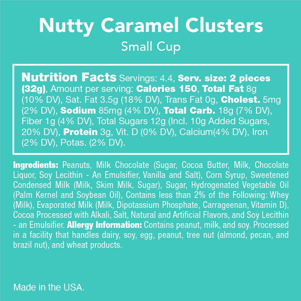 Nutty Caramel Clusters small cup nutrition facts, ingredients and allergy panel