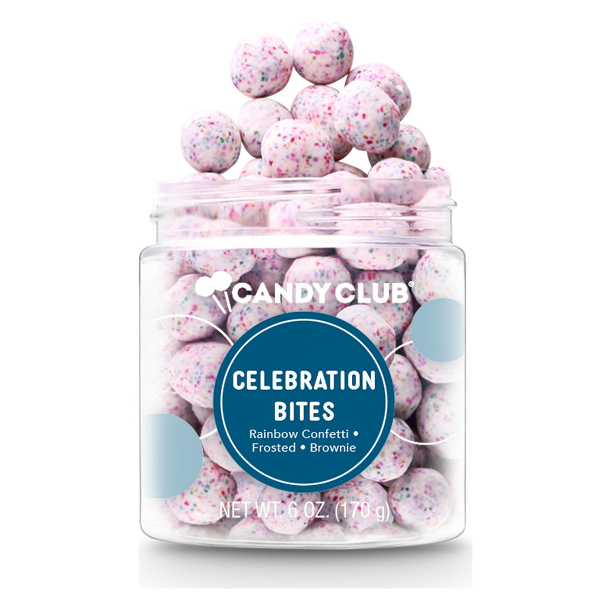 Candy Club Celebration Bites 6 oz open cup with navy label, confetti-speckled frosted brownie bites on top
