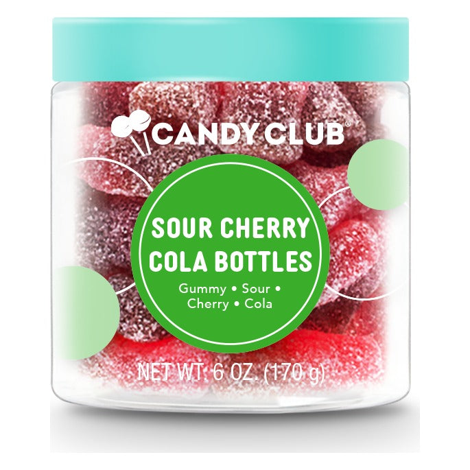 Candy Club Sour Cherry Cola Bottles 6 oz cup closed with a teal lid, green label