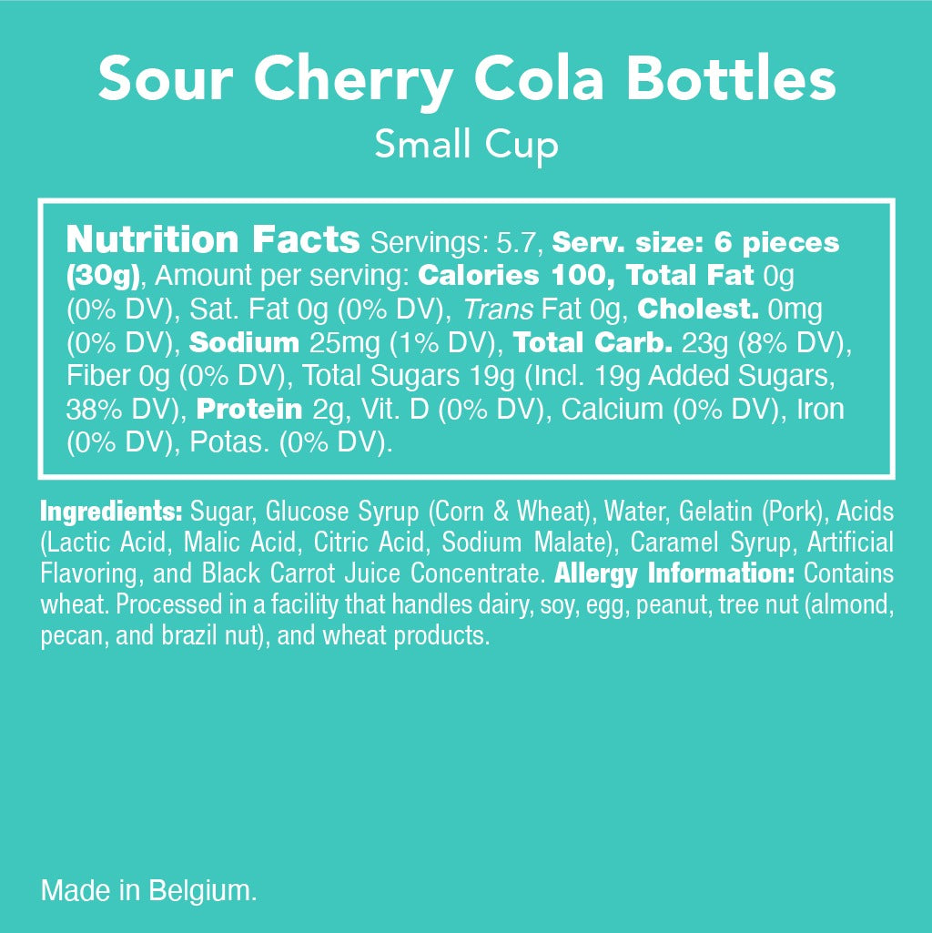 Sour Cherry Cola Bottles small cup nutrition facts, ingredients and allergy panel, made in Belgium