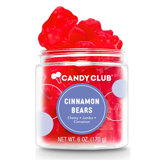 Candy Club Cinnamon Bears open cup with purple label, red cinnamon gummy bears piled on top