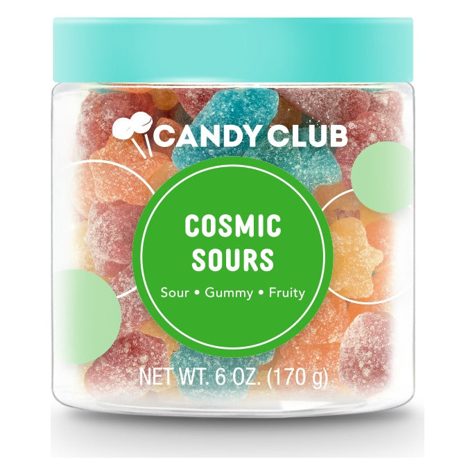 Candy Club Cosmic Sours 6 oz clear cup closed with a teal lid, green Cosmic Sours label