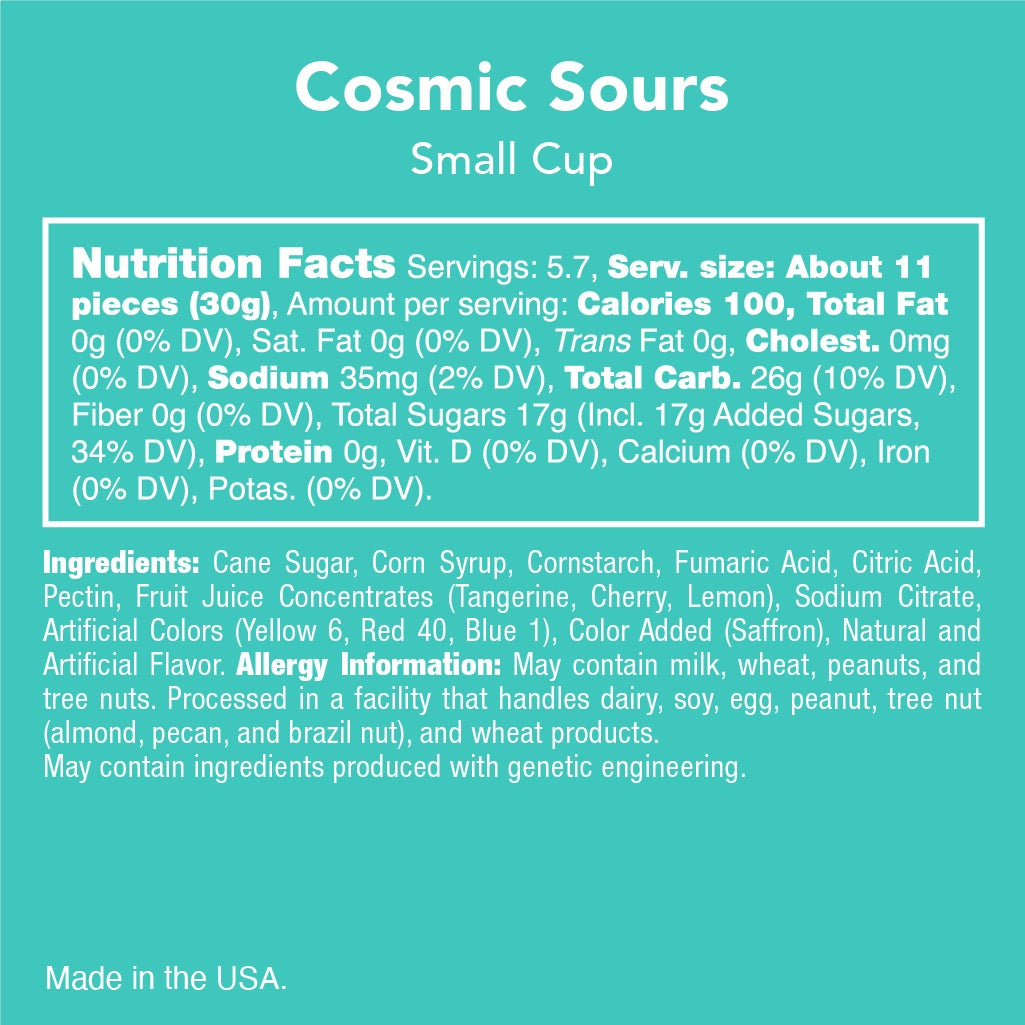 Cosmic Sours small cup nutrition facts, ingredients and allergy information panel
