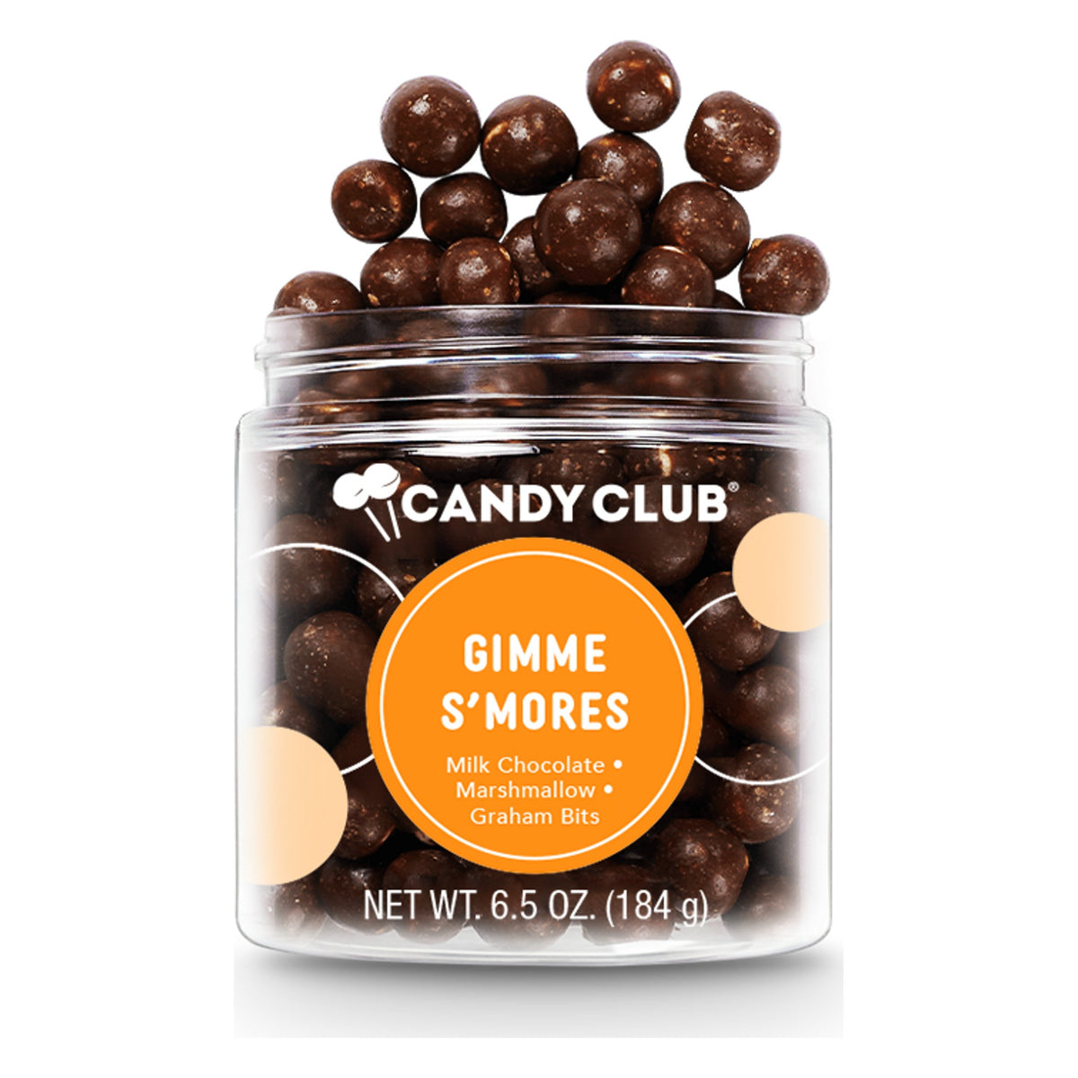Candy Club Gimme S'mores open cup with orange label, chocolate-covered marshmallow graham bites on top