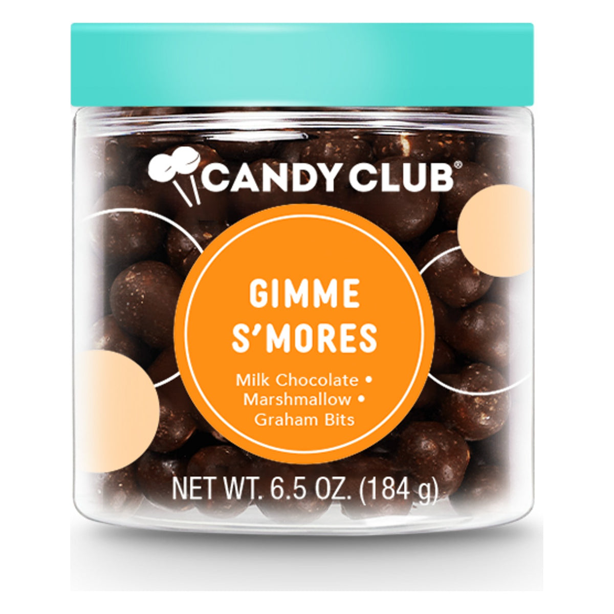 Candy Club Gimme S'mores cup closed with a teal lid, orange label