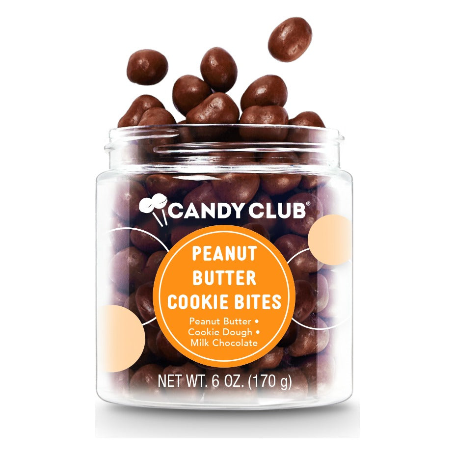 Candy Club Peanut Butter Cookie Bites 6 oz open cup with orange label, milk chocolate pieces on top