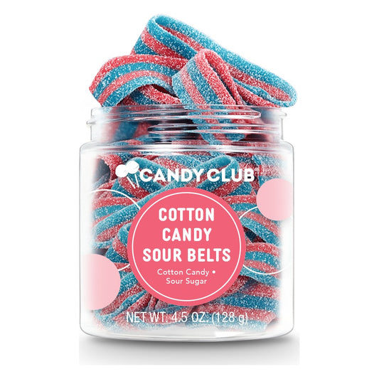 Candy Club Cotton Candy Sour Belts 4.5 oz small cup, open, with pink and blue striped sour belts piled above the rim