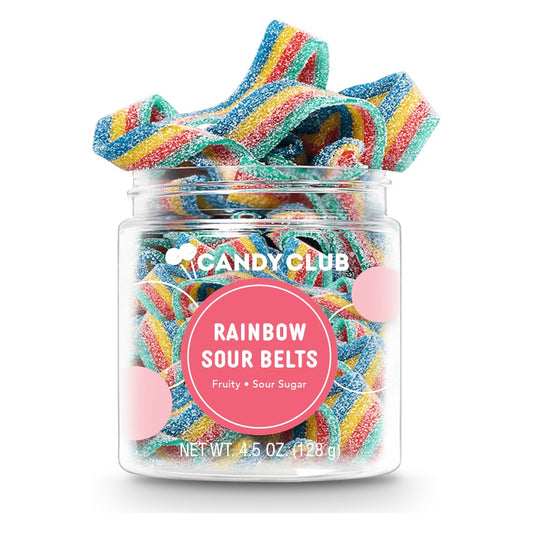 Candy Club Rainbow Sour Belts 4.5 oz small cup, open, with multicolored striped sour belts piled above the rim