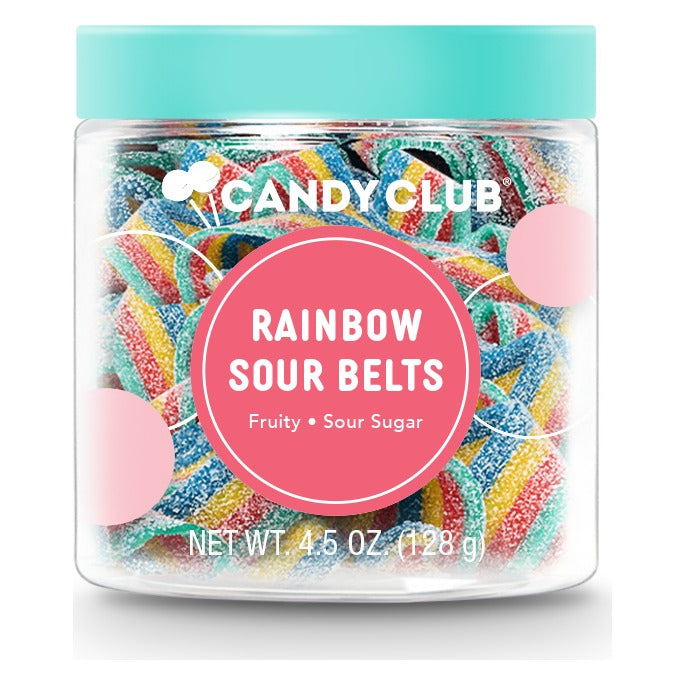 Candy Club Rainbow Sour Belts small cup closed with a teal lid, label reading Fruity, Sour Sugar, Net Wt. 4.5 oz (128 g)