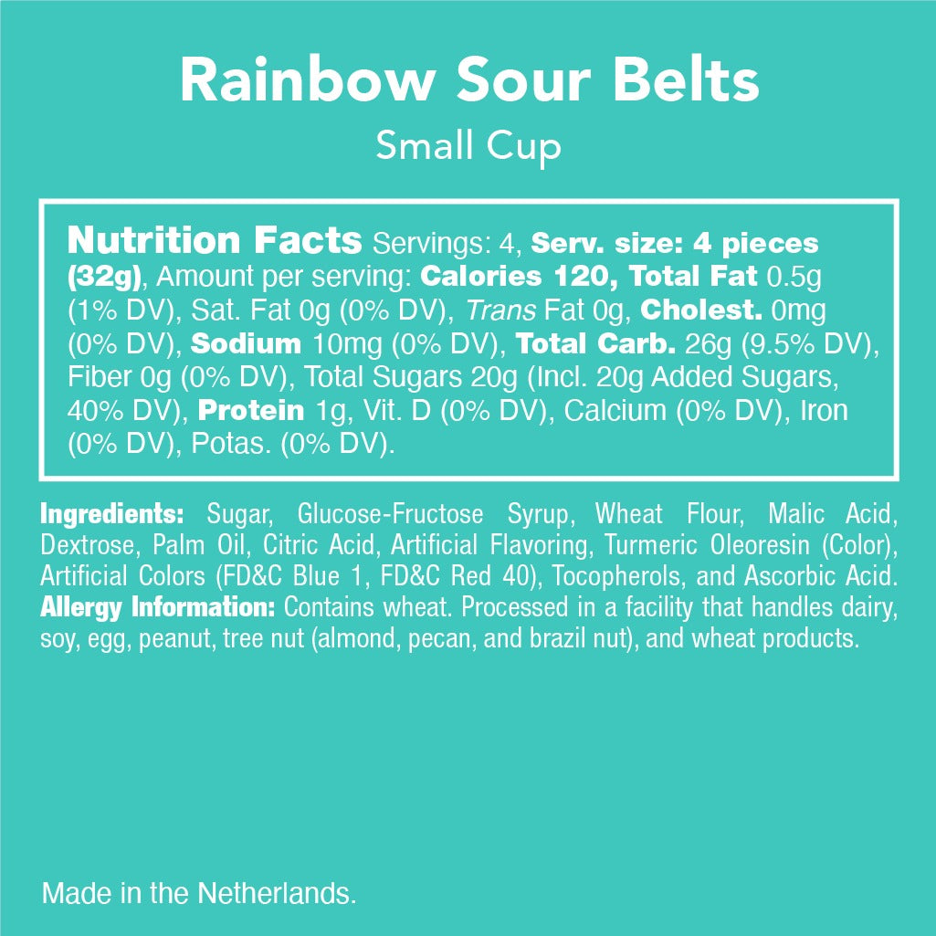 Nutrition facts, ingredients and allergy information panel for Candy Club Rainbow Sour Belts small cup