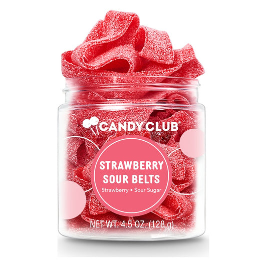 Candy Club Strawberry Sour Belts 4.5 oz small cup, open, with red sugar-coated belts piled above the rim