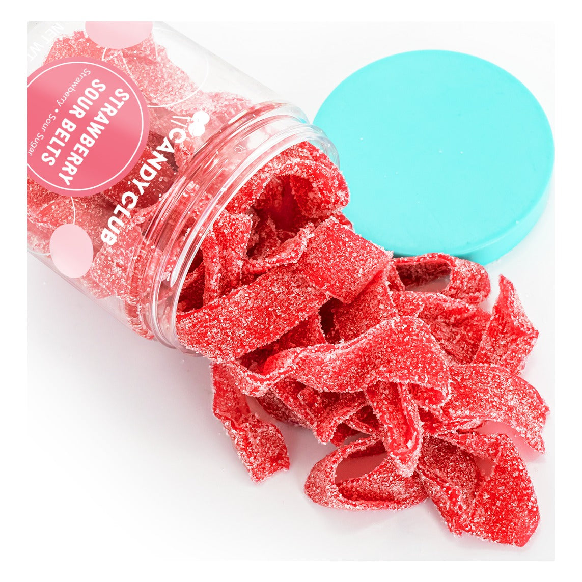 Tipped Candy Club Strawberry Sour Belts cup with red sour belts spilling out beside its teal lid