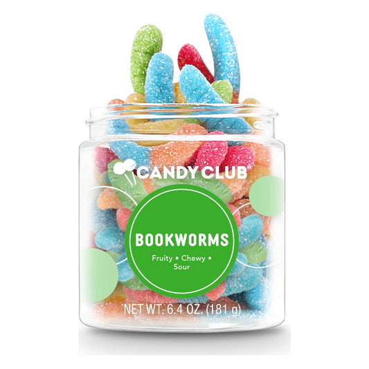 Candy Club Bookworms 6.4 oz small cup, open, filled with two-tone sugar-coated mini gummy worms