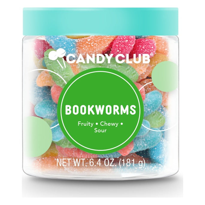 Candy Club Bookworms small cup closed with a teal lid, green label reading Fruity, Chewy, Sour, Net Wt. 6.4 oz (181 g)