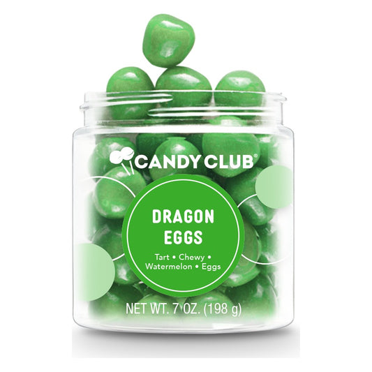 Candy Club Dragon Eggs 7 oz small cup, open, filled with glossy green egg-shaped candies