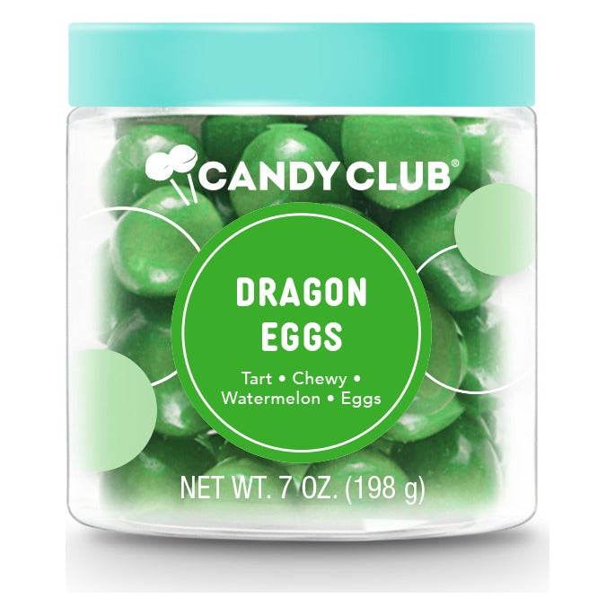 Candy Club Dragon Eggs small cup closed with a teal lid, green label reading Tart, Chewy, Watermelon, Eggs, Net Wt. 7 oz (198 g)