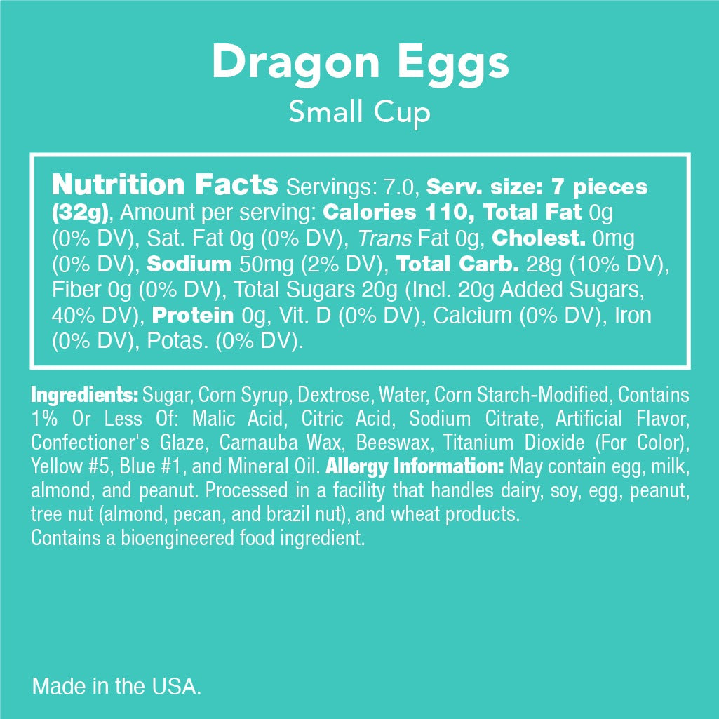 Nutrition facts, ingredients and allergy information panel for Candy Club Dragon Eggs small cup
