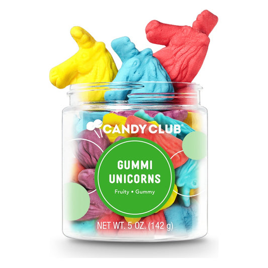 Candy Club Gummi Unicorns 5 oz small cup, open, with yellow, blue and pink unicorn-head gummies rising above the rim