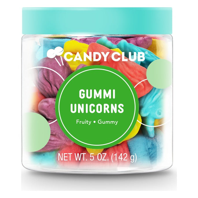 Candy Club Gummi Unicorns small cup closed with a teal lid, green label reading Fruity, Gummy, Net Wt. 5 oz (142 g)