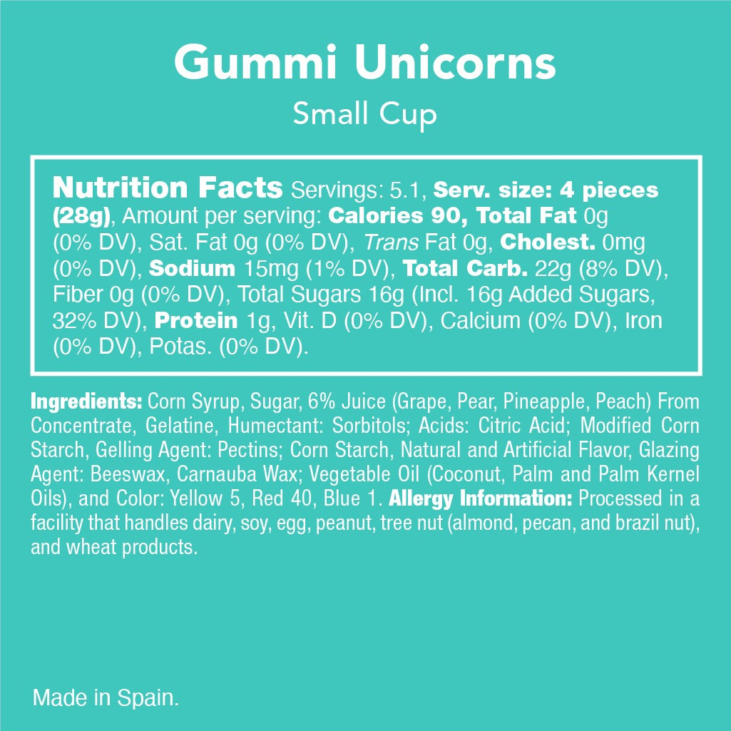 Nutrition facts, ingredients and allergy information panel for Candy Club Gummi Unicorns small cup