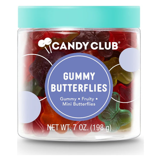 Candy Club Gummy Butterflies small cup closed with a teal lid, purple label reading Gummy, Fruity, Mini Butterflies, Net Wt. 7 oz (198 g)