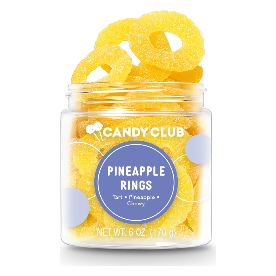 Open Candy Club Pineapple Rings 6 oz small cup overflowing with yellow sugar-coated pineapple gummy rings, purple front label