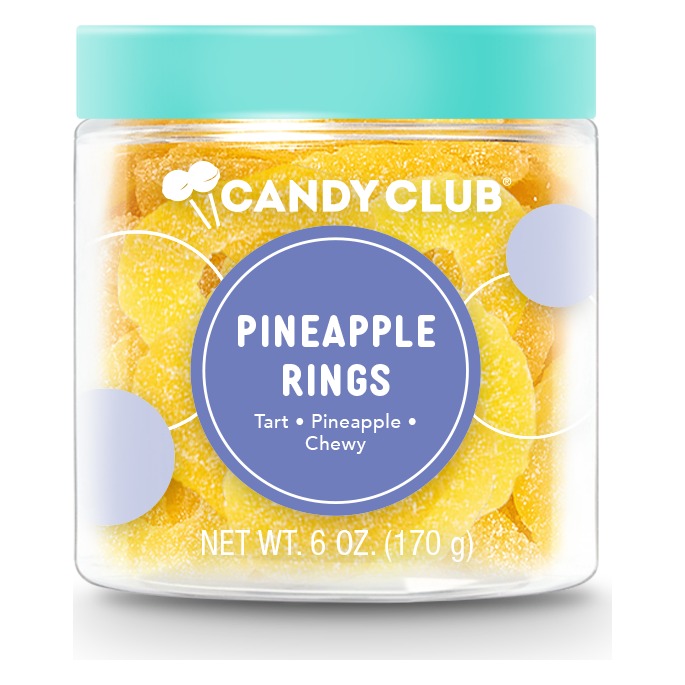 Candy Club Pineapple Rings small cup closed with its teal lid, label reading Tart, Pineapple, Chewy and Net Wt 6 oz (170 g)