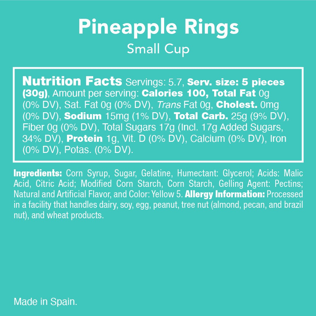 Candy Club Pineapple Rings small cup Nutrition Facts, ingredient list and allergy information panel