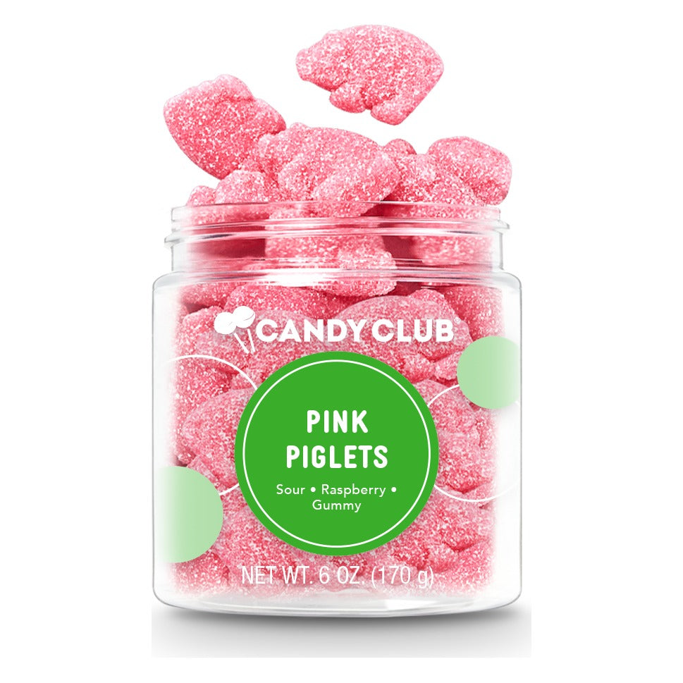 Open Candy Club Pink Piglets small cup heaped with pink sugar-coated pig-shaped gummies, green front label reading Sour, Raspberry, Gummy