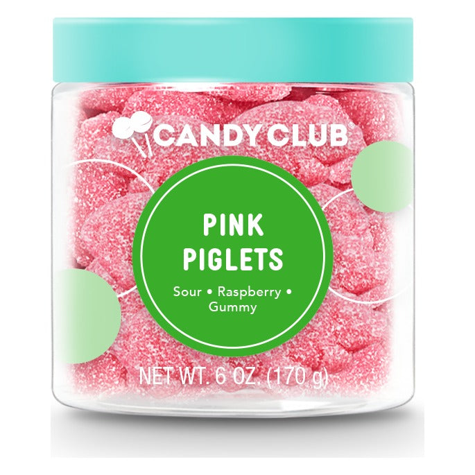 Candy Club Pink Piglets small cup closed with a teal lid, green label on a clear cup of pink gummy pigs