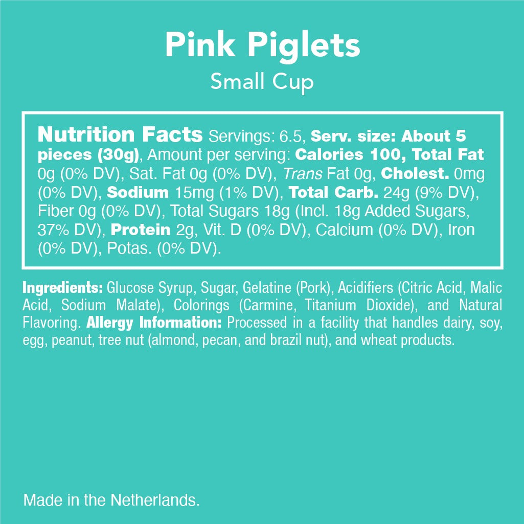 Candy Club Pink Piglets small cup Nutrition Facts, ingredients (including pork gelatine and carmine) and allergy information