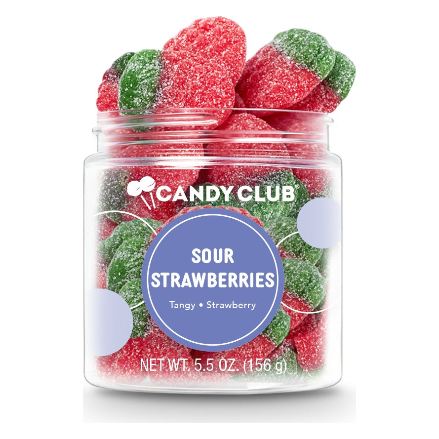 Open Candy Club Sour Strawberries small cup piled with red, green-topped sugar-coated strawberry gummies, purple label reading Tangy, Strawberry