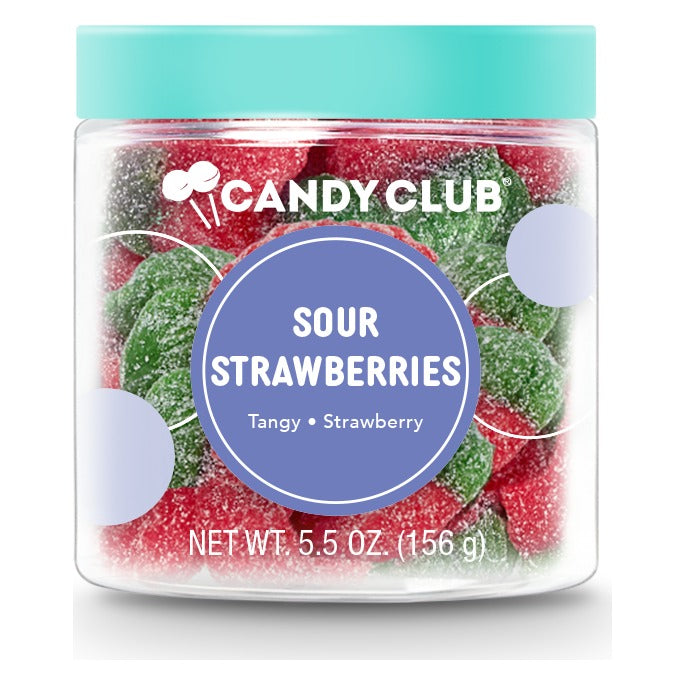 Candy Club Sour Strawberries small cup closed with its teal lid, clear cup filled with red and green strawberry gummies