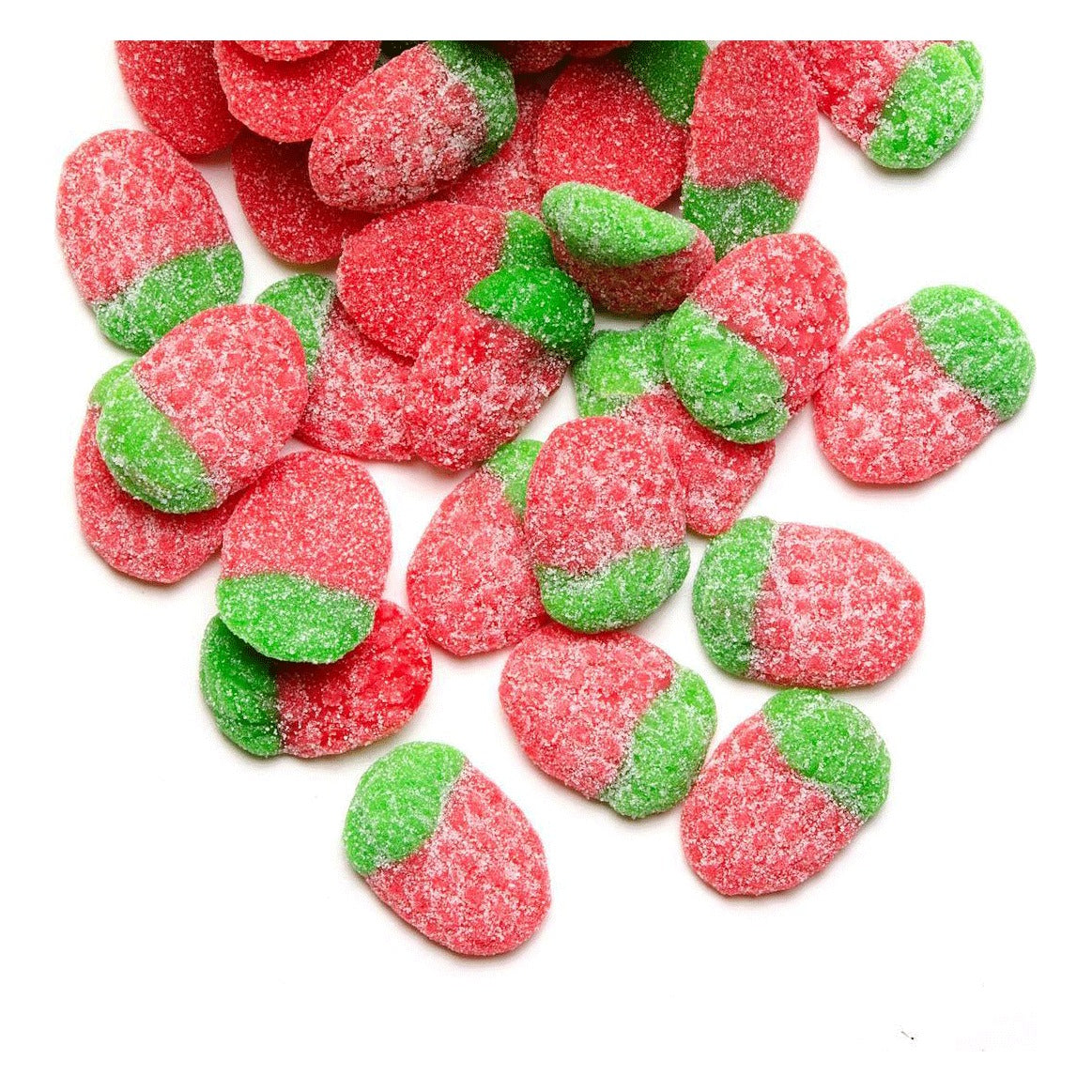 Candy Club Sour Strawberries gummies scattered on white: red sugar-coated strawberries with green tops