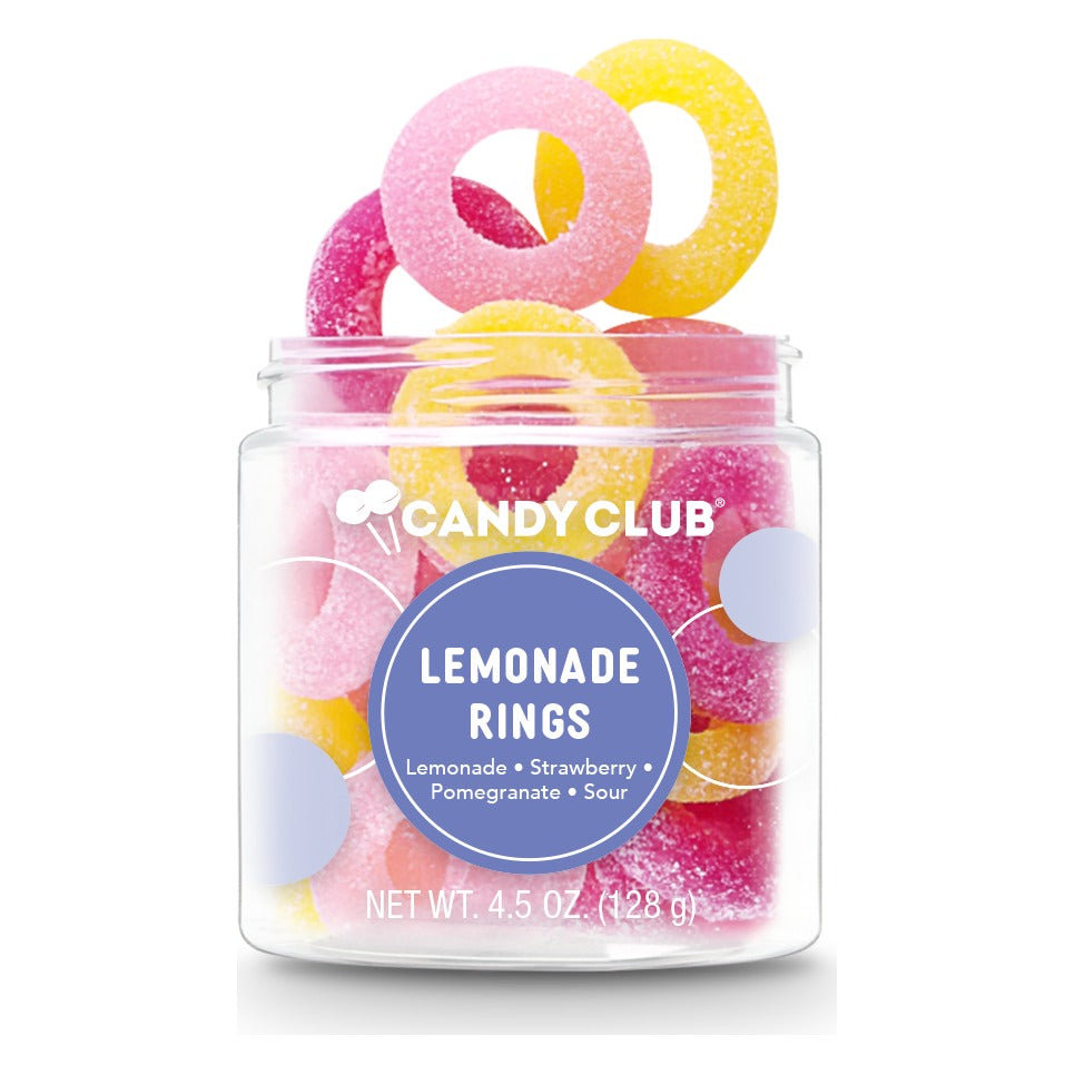 Open Candy Club Lemonade Rings small cup with yellow, pink and deep pink sugar-coated gummy rings, label reading Lemonade, Strawberry, Pomegranate, Sour
