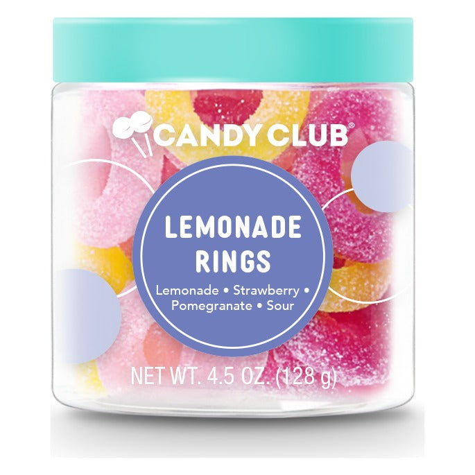 Candy Club Lemonade Rings small cup closed with its teal lid, clear cup filled with multicolored lemonade gummy rings