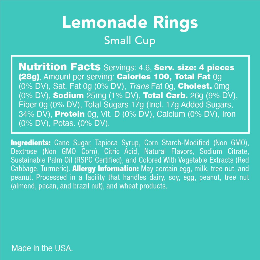 Candy Club Lemonade Rings small cup Nutrition Facts, ingredient list and allergy information panel
